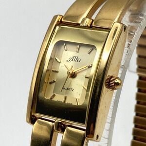 Vintage Alto Womens Watch Gold Tone 19mm Stretch Band Tank New Battery SMALL 6"